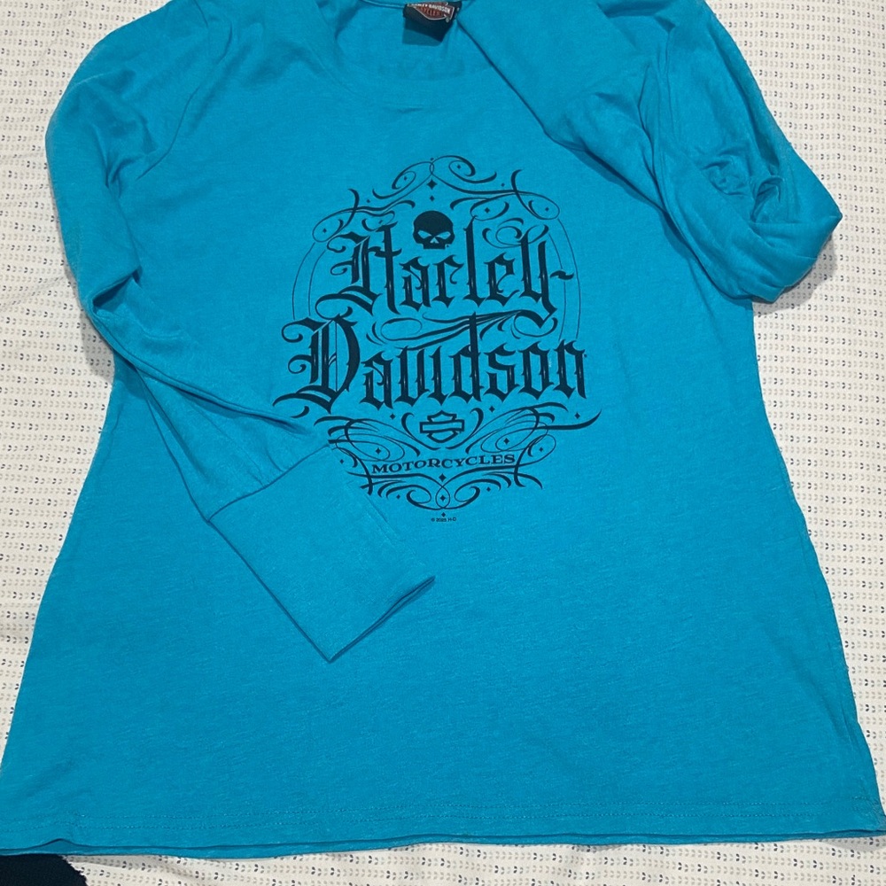Harley-Davidson Bright Turquoise Long Sleeve Tee with Black Graphic